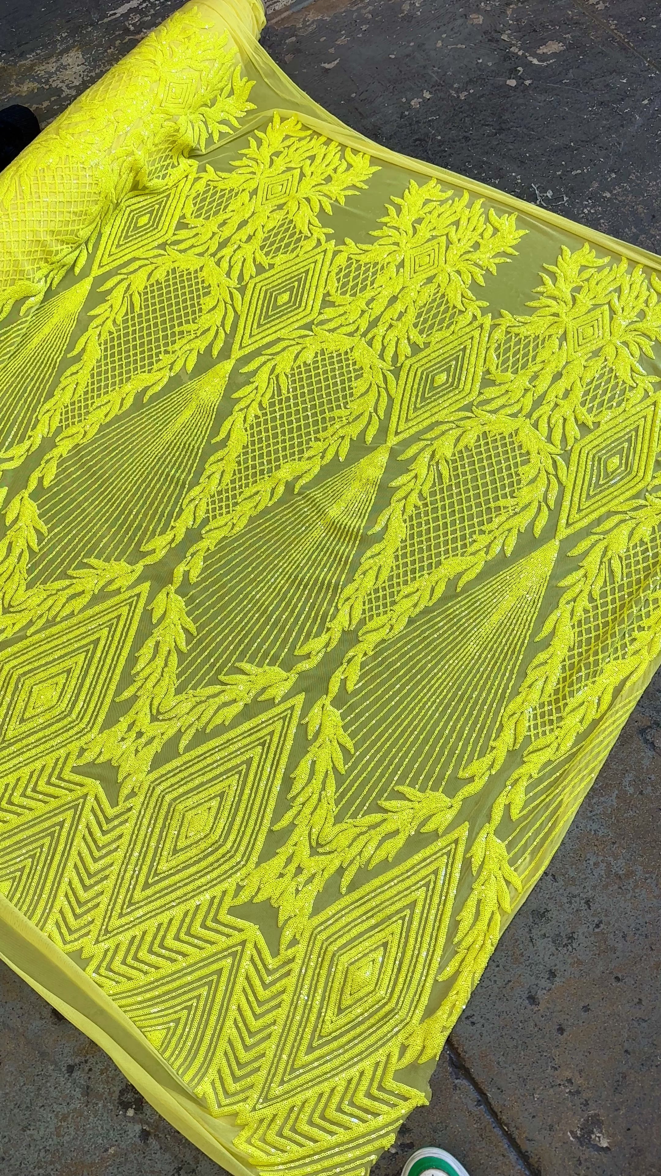Neon Yellow Embroidered Curlicue Sequins on Mesh Lace, dark yellow sequin on mesh, light yllow sequin on mesh, sequin on mesh for woman, sequin on mesh for bride, sequin on mesh on sale, sequin on mesh on discount