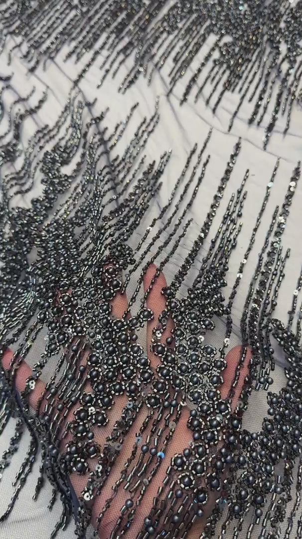 Black Crimson Cascade Crystal & Bugle Beaded Lace, Crystal Beaded Lace, Bugle Bead Lace, Pearl Beaded Lace, Sequin Lace Fabric, Bridal Lace Fabric, Couture Lace Fabric