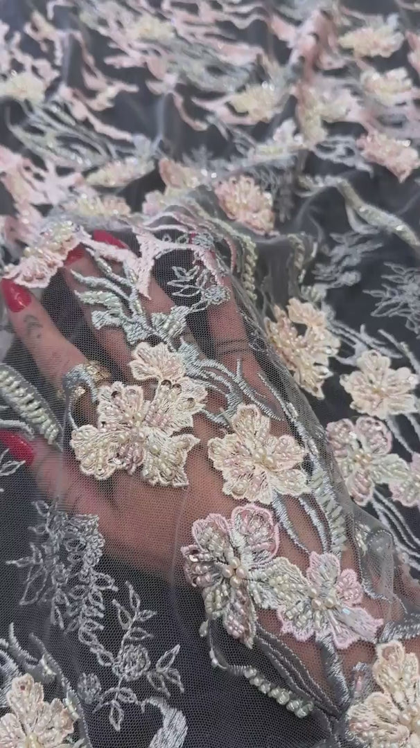 Blush-Peach Pearl Beaded Floral Embroidery Lace, Floral Embroidery Lace, Beaded Floral Lace, Pearl Lace Fabric, Embroidered Lace Fabric, Floral Lace Fabric, Beaded Lace Fabric, Embellished Lace Fabric