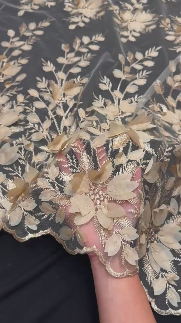Sand Champagne Petals 3D Couture Embroidered Lace, 3d Floral Lace, Embroidered Lace Fabric, 3d Lace Fabric, Floral Applique Lace, Couture Lace Fabric