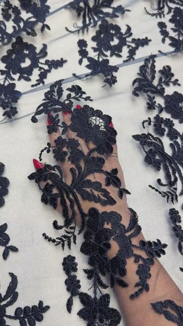 Navy Romantic Bloom Embroidered Mesh Lace, Romantic Lace Fabric, Sheer Embroidered Lace, Bloom Lace Fabric, Bridal Lace Fabric, Wedding Dress Lace