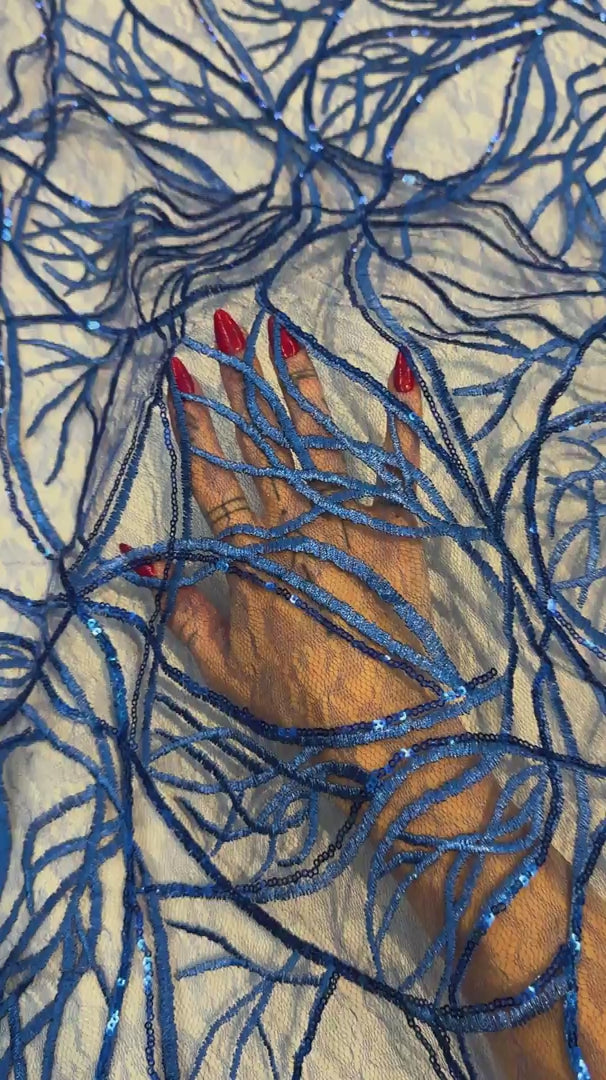 Royal Blue Infinity Web Sequin Embroidered Mesh, Embroidered Mesh Fabric, Stretch Mesh Lace, Sequin Embroidered Fabric, Sheer Sequin Fabric, Web Lace Fabric, Infinity Lace Fabric