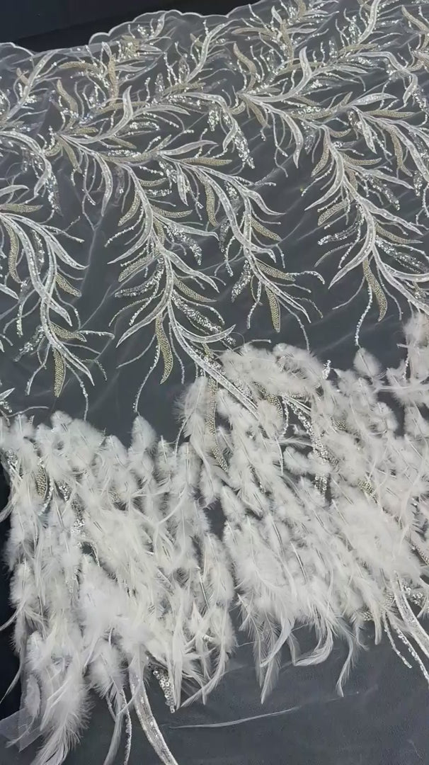 Off White Feather Sequin Embroidered Scalloped Lace, Embroidered Lace Fabric, Sequin Embroidered Lace, Embellished Lace Fabric, Luxury Lace Fabric, Fancy Lace Fabric