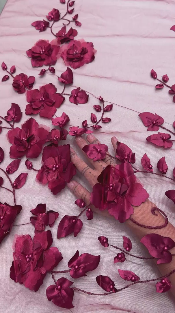 Burgundy 3D Flower Beaded Lace Mesh, Beaded Lace Mesh, Floral Beaded Lace, 3D Floral Lace, Flower Lace Fabric, Embroidered Lace Fabric, Embellished Lace Fabric, Luxury Lace Fabric