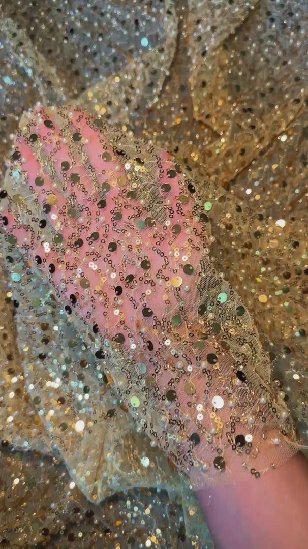 Yellow Gold Sequin Beaded Pearl Mesh, Sequin on mesh, Pearl Beaded Mesh, beaded sequin on mesh, pearl beaded fabric, shimmering sequins 