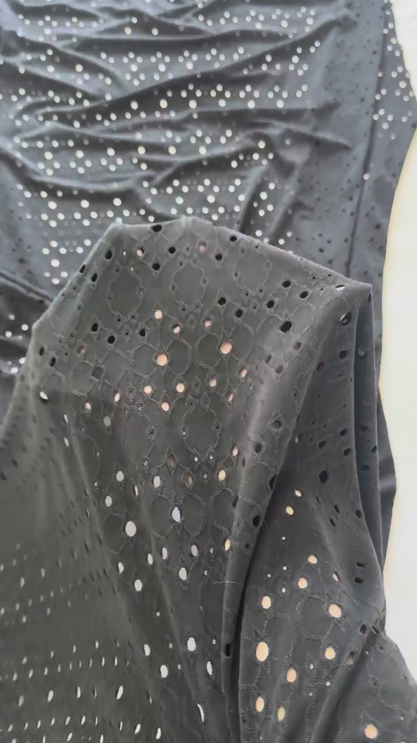 Black 4 Way Stretch Eyelet Jacquard Knit, Eyelet Jacquard Knit Fabric, Stretch Eyelet Fabric, Jacquard Knit Fabric, Textured Knit Fabric, Breathable Knit Fabric