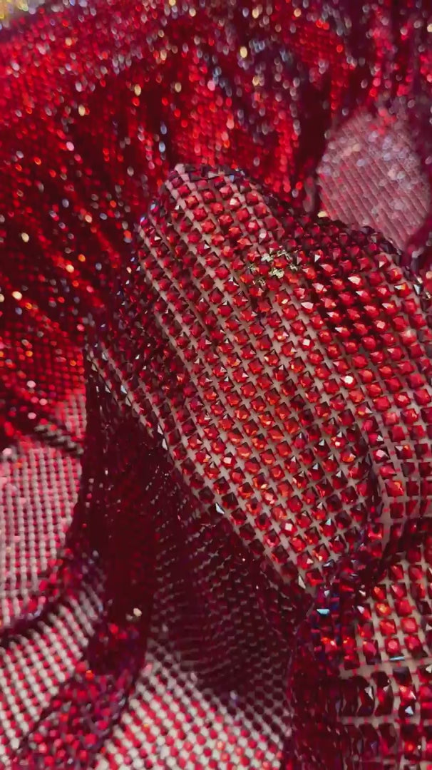 Red Luxury Rhinestone Mesh, Rhinestone Mesh Fabric, Crystal Mesh Fabric, Beaded Mesh Fabric, Embellished Mesh Fabric, Sequin Mesh Fabric, Sparkle Mesh Fabric