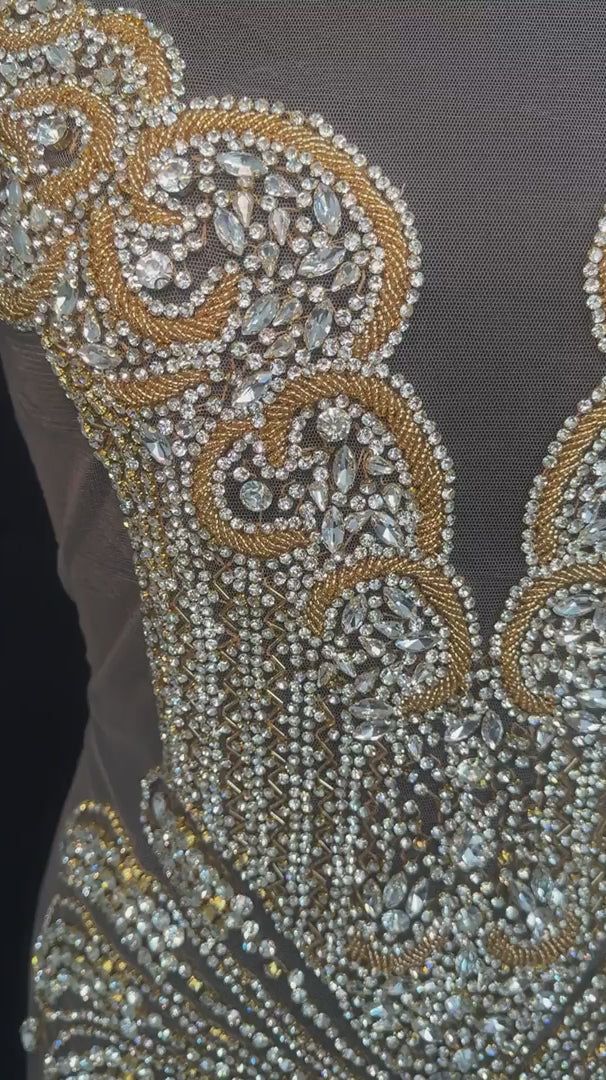 Carla Gold Silver Rhinestone Bodice Applique, Gold Silver Rhinestones Applique, Embellished clothing, Rhinestone applications, Rhinestone embroidery, Rhinestone patch, Dress patch, Rhinestones for dress