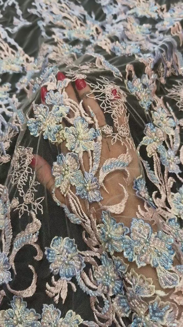 Blush-Blue Pearl Beaded Floral Embroidery Lace, Floral Embroidery Lace, Beaded Floral Lace, Pearl Lace Fabric, Embroidered Lace Fabric, Floral Lace Fabric, Beaded Lace Fabric, Embellished Lace Fabric