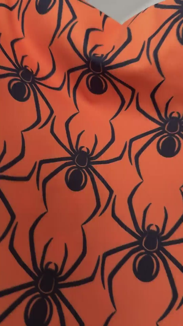 Black on Orange Spider Print Nylon Spandex, Halloween Spandex, Halloween Fabric, Spandex Fabric, Nylon Spandex, Stretch Fabric, 4 Way Stretch, Spooky Fabric