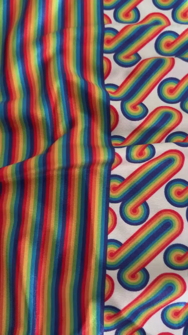 White Retro Rainbow Graphic Nylon Spandex, Nylon Spandex Print, Printed Spandex Fabric, Stretch Print Fabric, Printed Stretch Fabric, Spandex Print Fabric, Printed Fabric Stretch