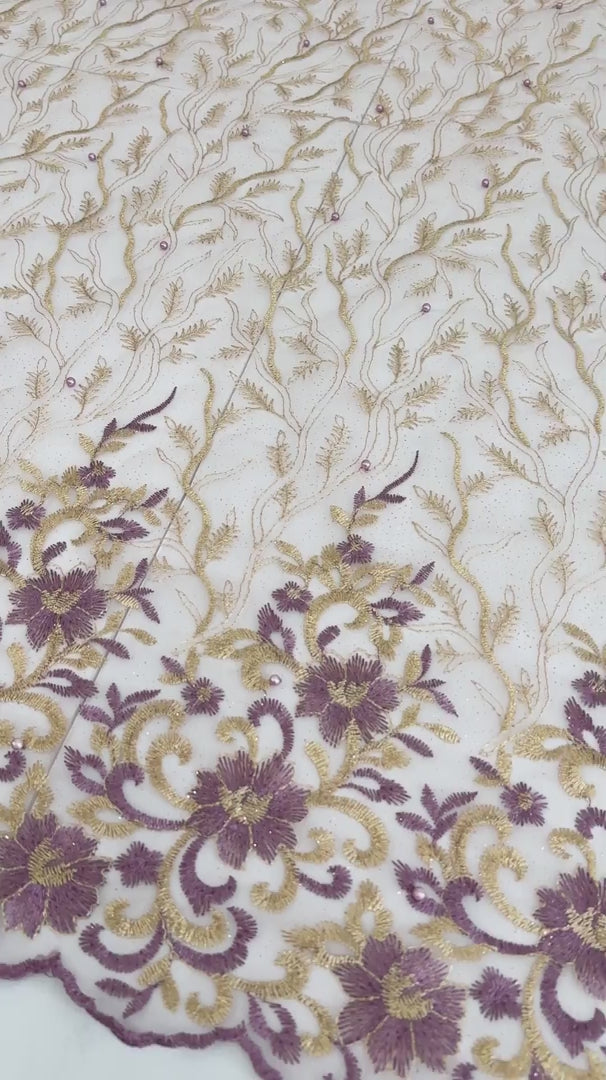 Gold-Lavender Embroidered Glitter Floral Scalloped Lace, Gold-Lavender Lace, Embroidered Lace, Nude Lace Mesh, Lace for Woman, Lace for Bride, Lace on Sale, Lace on Discount