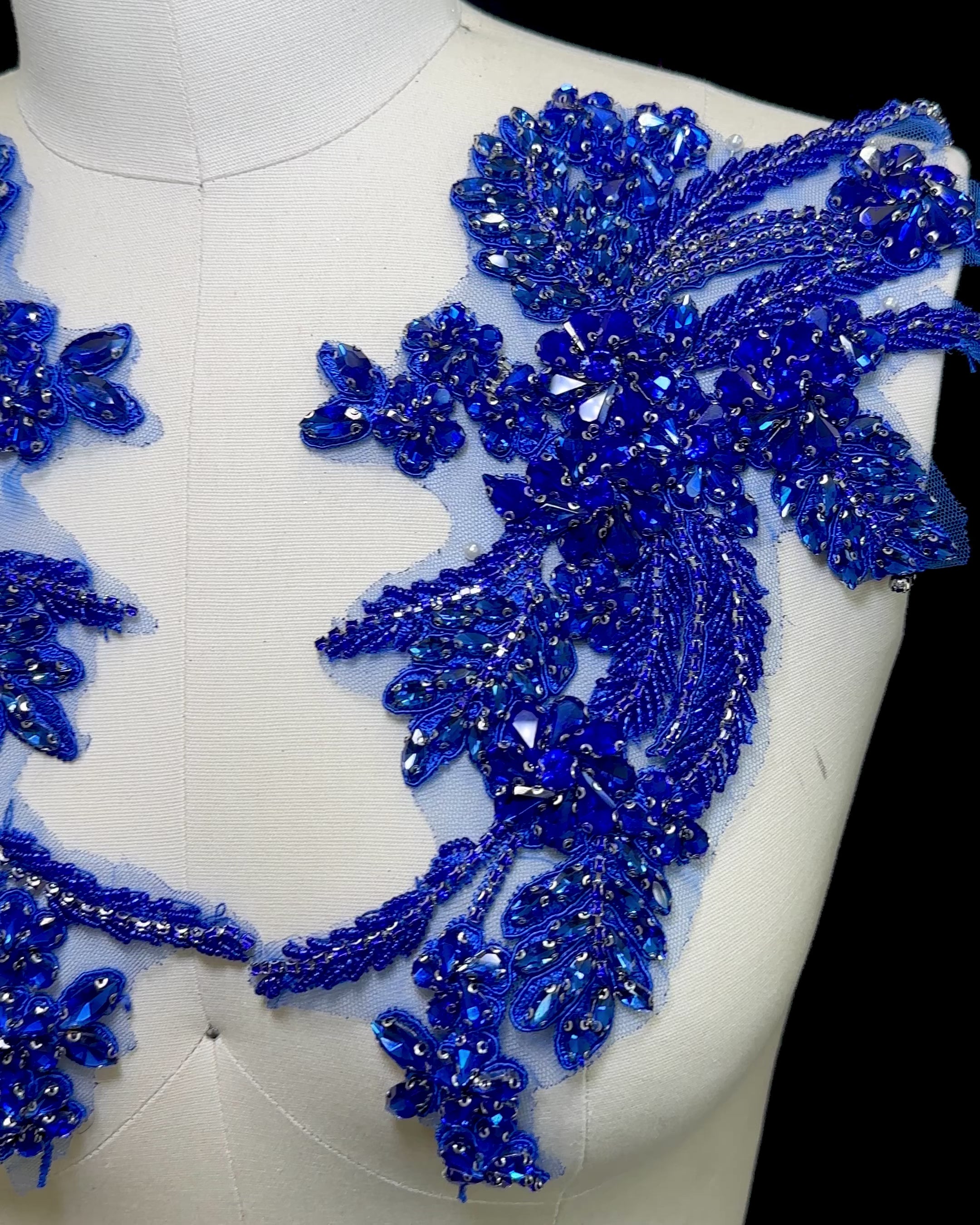 Gina Blue Pair Rhinestone Applique , blue applique, dark blue applique, blue bodice, blue embellishment for dress,