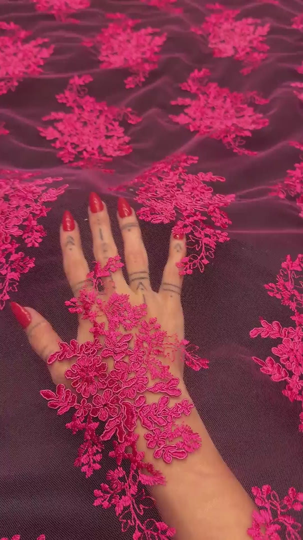 Fuchsia Fleur Scalloped Lace Mesh, Scalloped Lace Fabric, Fleur Lace Fabric, Embroidered Lace Mesh, Sheer Lace Fabric, Floral Mesh Fabric, Bridal Lace Fabric