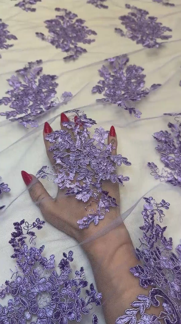 Lavender Fleur Scalloped Lace Mesh, Scalloped Lace Fabric, Fleur Lace Fabric, Embroidered Lace Mesh, Sheer Lace Fabric, Floral Mesh Fabric, Bridal Lace Fabric