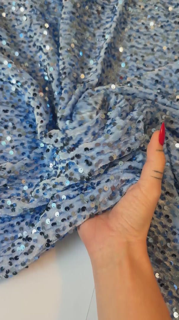 Sky Blue Sequins Velvet, Stretch Sequin velvet for woman, Stretch Sequin velvet for bride, Stretch Sequin velvet on discount, Stretch Sequin velvet online