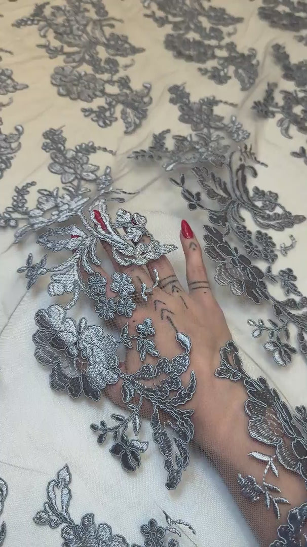 Silver Romantic Bloom Embroidered Mesh Lace, Romantic Lace Fabric, Sheer Embroidered Lace, Bloom Lace Fabric, Bridal Lace Fabric, Wedding Dress Lace