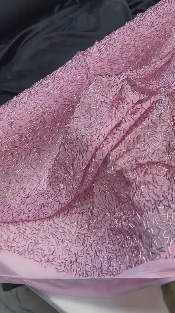 Blush Pink Bugle Beaded Stretch Mesh, Beaded Stretch Mesh, Stretch Mesh Fabric, Bugle Bead Fabric, Beaded Mesh Fabric, Embellished Mesh Fabric, Stretch Beaded Fabric, Mesh Fabric Stretch