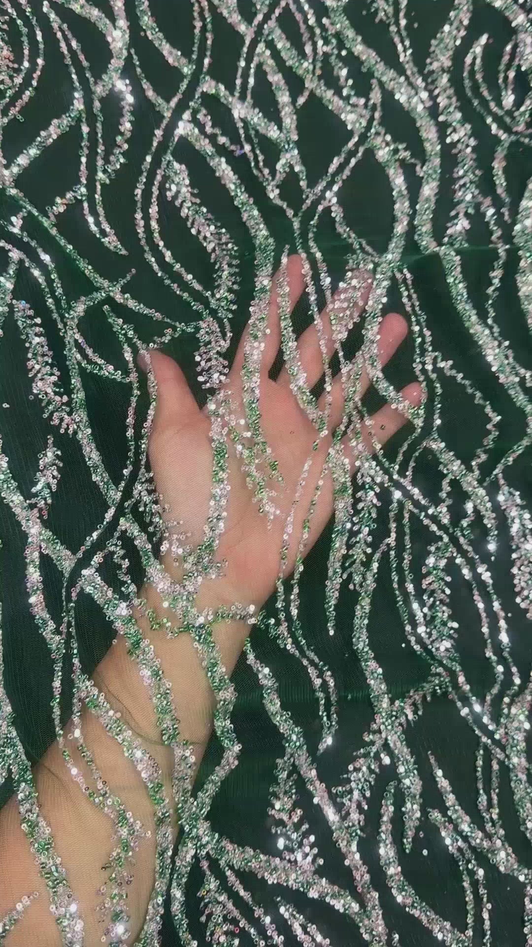 Emerald Green & Sky Blue Swirl-Vine & Wave Sequined Lace Mesh Fabric