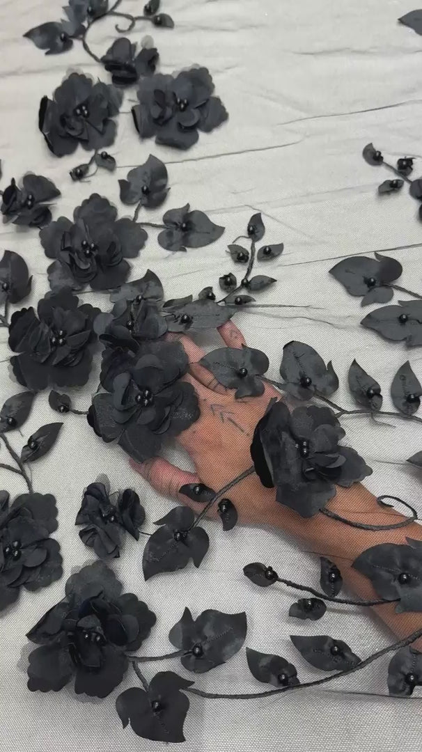 Black 3D Flower Beaded Lace Mesh, Beaded Lace Mesh, Floral Beaded Lace, 3D Floral Lace, Flower Lace Fabric, Embroidered Lace Fabric, Embellished Lace Fabric, Luxury Lace Fabric