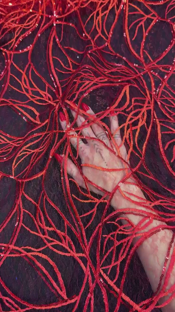 Red Infinity Web Sequin Embroidered Mesh, Embroidered Mesh Fabric, Stretch Mesh Lace, Sequin Embroidered Fabric, Sheer Sequin Fabric, Web Lace Fabric, Infinity Lace Fabric