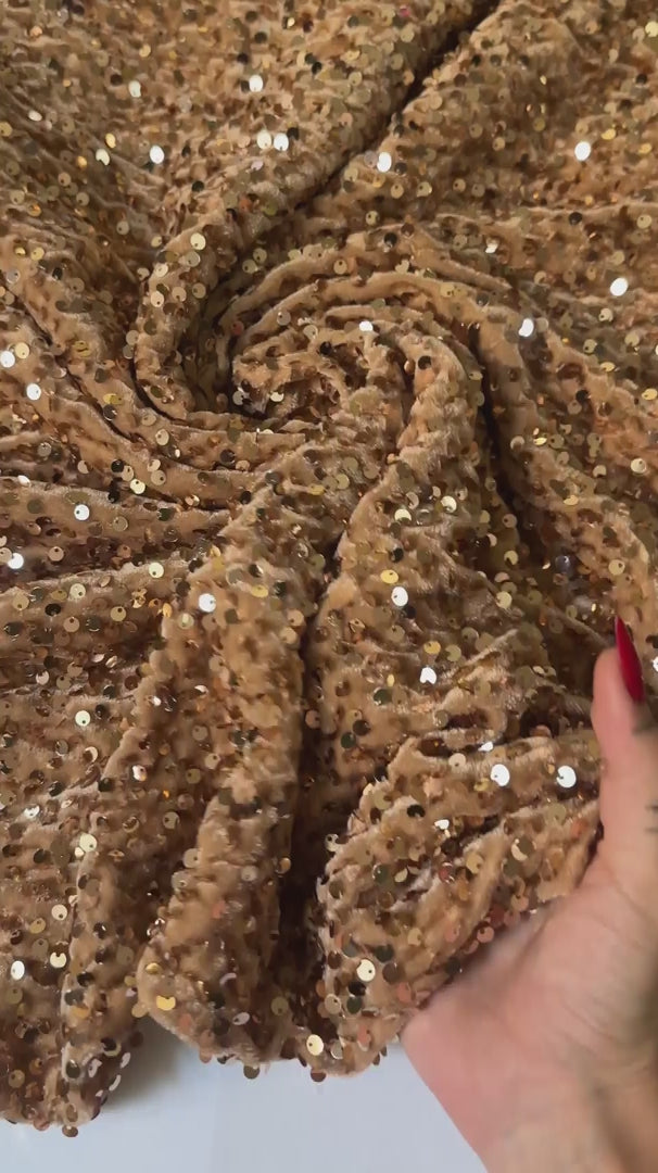 Gold Champagne Sequins Velvet, Stretch Sequin velvet for woman, Stretch Sequin velvet for bride, Stretch Sequin velvet on discount, Stretch Sequin velvet online