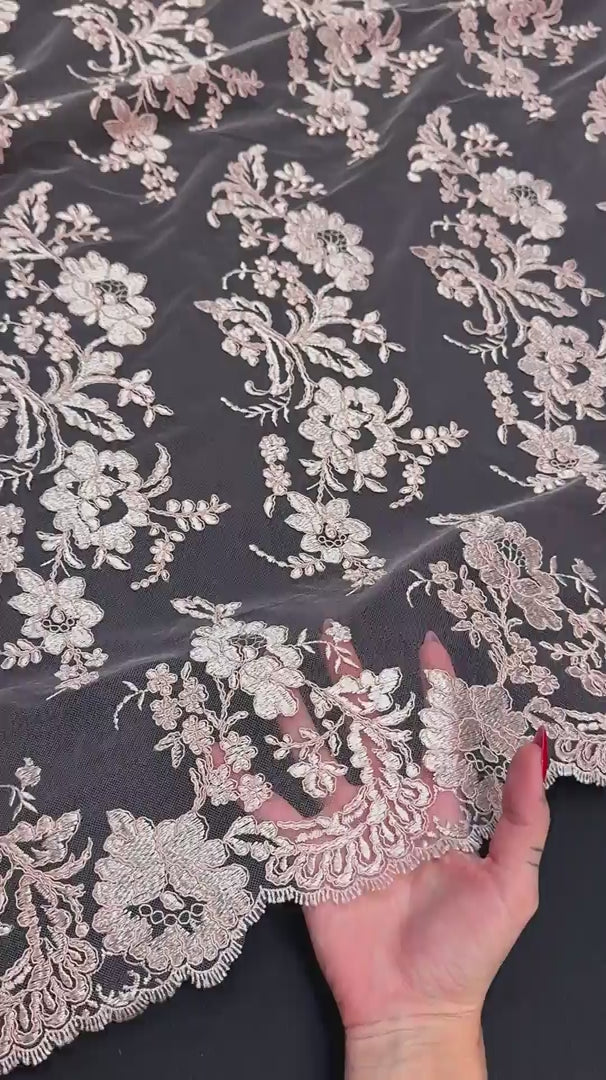 Blush Pink Romantic Bloom Embroidered Mesh Lace, Romantic Lace Fabric, Sheer Embroidered Lace, Bloom Lace Fabric, Bridal Lace Fabric, Wedding Dress Lace