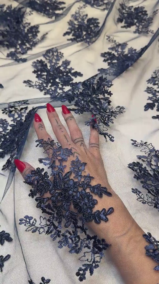 Navy Blue Fleur Scalloped Lace Mesh, Scalloped Lace Fabric, Fleur Lace Fabric, Embroidered Lace Mesh, Sheer Lace Fabric, Floral Mesh Fabric, Bridal Lace Fabric