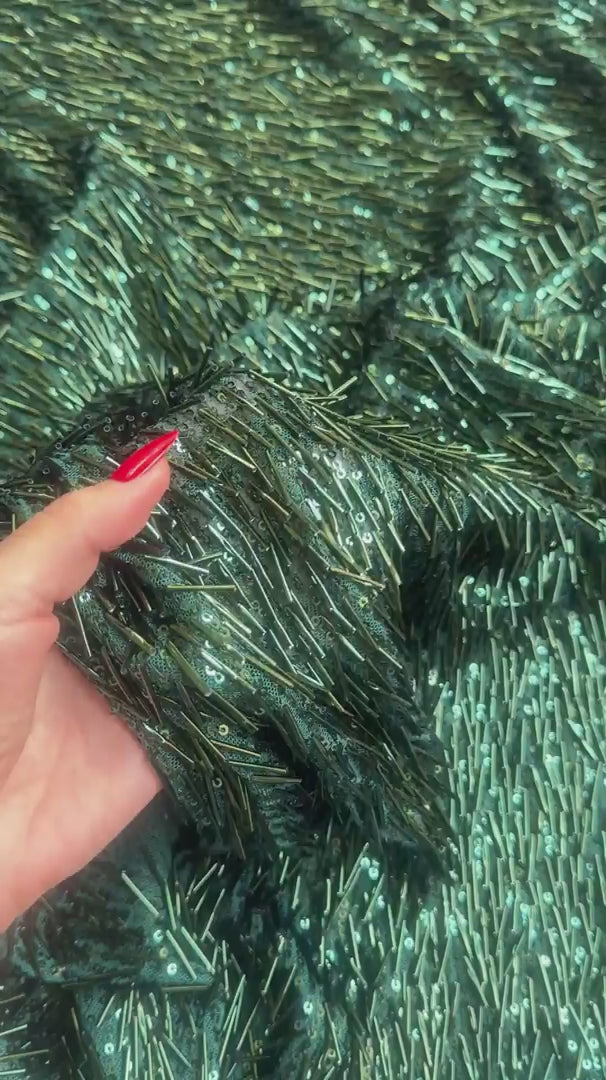 Emerald Green Fringe Sequin on Mesh, Green Sequin Mesh for woman, Fringe Sequin Mesh for bride, Non-Stretch Mesh on sale, Sequin Mesh on discount, sequin fabric online