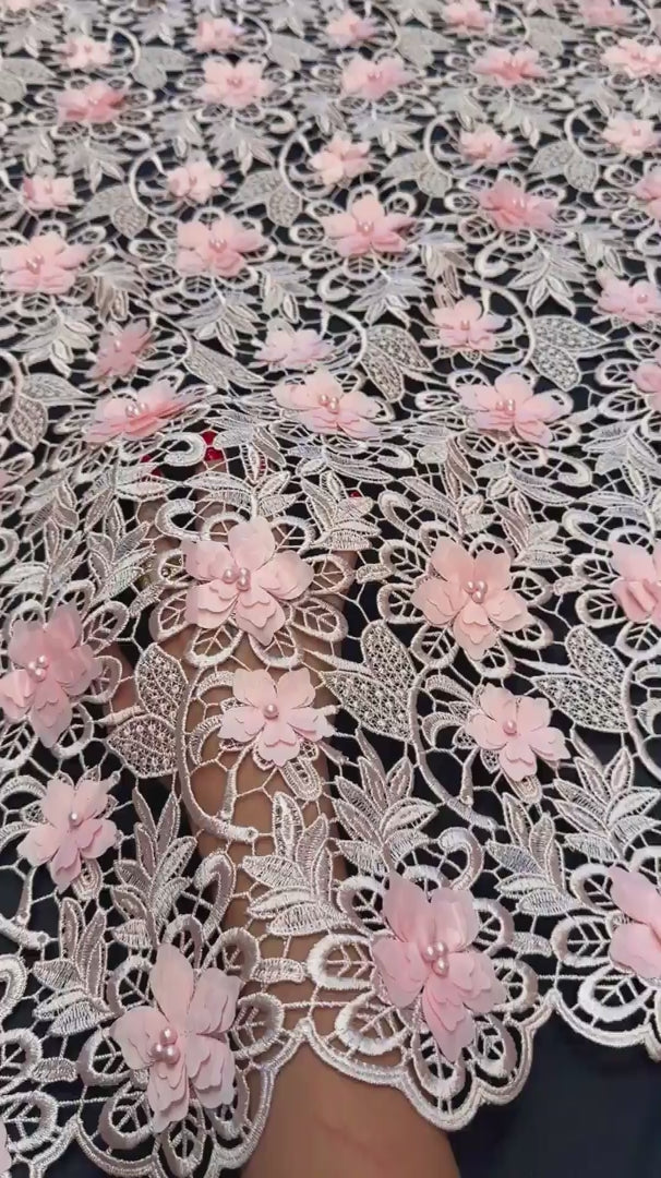 Powder Pink 3D Blossom Beaded Embroidered Lace, Beaded Embroidered Lace, 3D Blossom Lace, Floral Beaded Lace, Couture Lace Fabric, Bridal Lace Fabric, Wedding Dress Lace