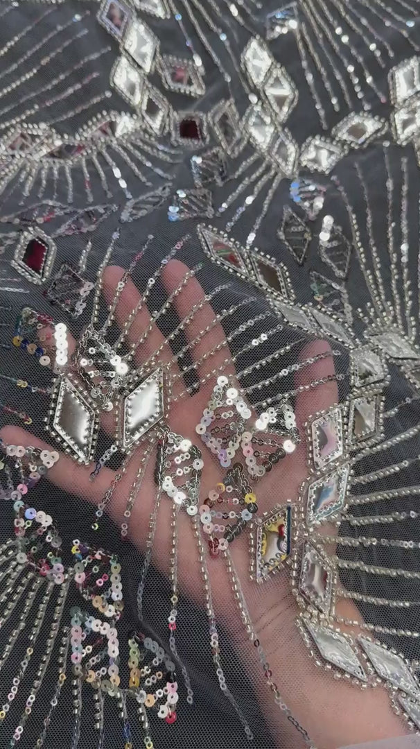 Silver Art Deco Mirror Sequin Lace, Mirror Sequin Lace, Sequin Lace Fabric, Embellished Lace Fabric, Sparkle Lace Fabric, Glitter Lace Fabric, Luxury Lace Fabric