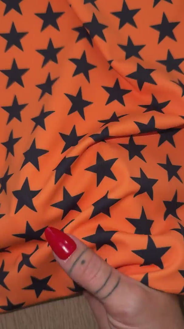 Black on Orange Star Print Nylon Spandex, Halloween Spandex, Halloween Fabric, Spandex Fabric, Nylon Spandex, Stretch Fabric, 4 Way Stretch, Spooky Fabric