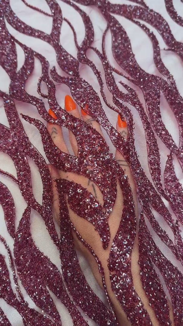 Burgundy Flame Sequin Beaded Lace, Beaded Lace Fabric, Sequin Lace Fabric, Flame Sequin Fabric, Embroidered Lace Fabric, Embellished Mesh Fabric, Beaded Mesh Fabric