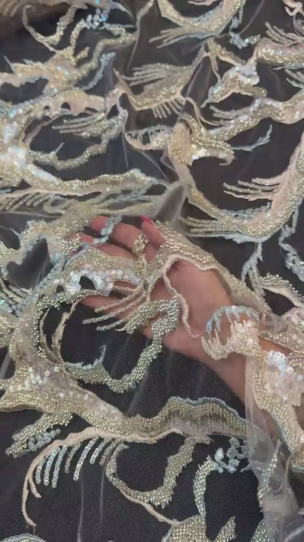 Mint-Champagne Couture Vine Sequin Embroidered Mesh Lace, Sequin Mesh Lace, Embroidered Mesh Lace, Floral Sequin Lace, Vine Embroidery Lace, Mesh Lace Fabric, Sequin Lace Fabric