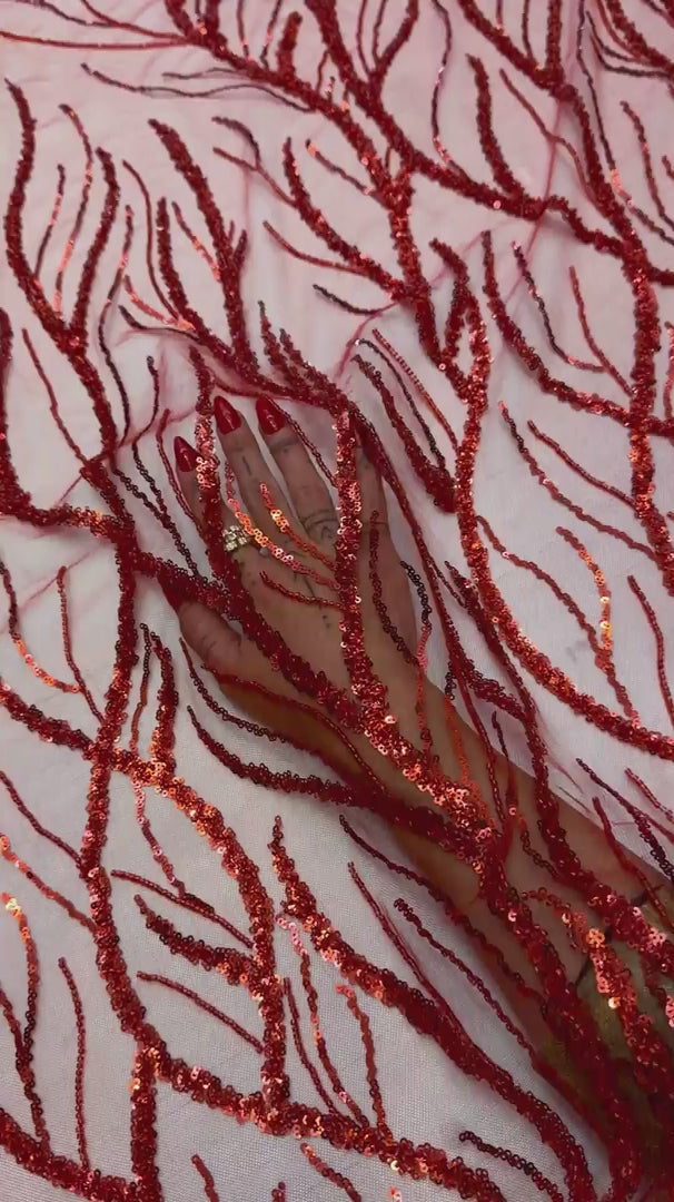 Red Abstract Branch Beaded Sequin Lace on Mesh, Branch Lace Fabric, Beaded Sequin Lace, Sequin Mesh Lace, Beaded Lace Mesh, Abstract Lace Fabric, Embellished Lace Fabric