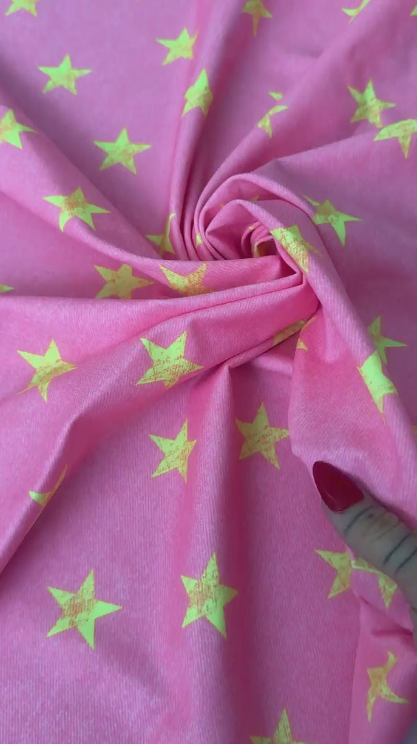 Yellow Stars on Bubble Pink Nylon Spandex, Nylon Spandex, Shiny Spandex, Stretch Fabric, 4 way stretch fabric, Fabric on Sale, Activewear Fabric, Polyester Fabric
