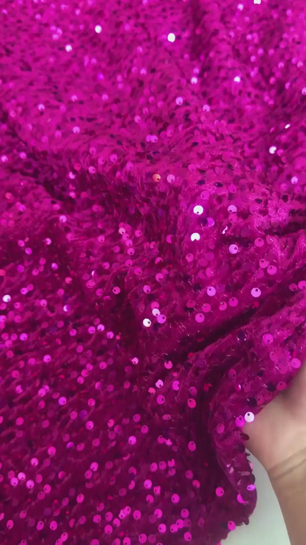 Magenta Sequins Velvet, Stretch Sequin Mesh, Stretch Sequin velvet for woman, Stretch Sequin velvet for bride, Stretch Sequin velvet on discount, Stretch Sequin velvet online