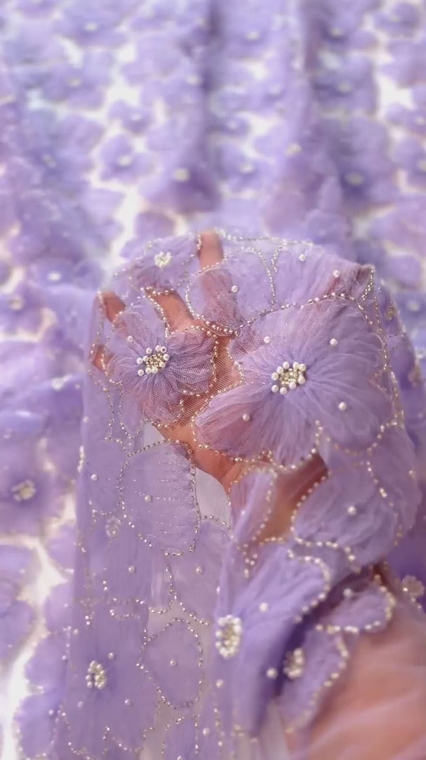 Lavender Floral Tulle Beaded Lace Mesh, Beaded Lace Mesh, Floral Beaded Lace, Flower Lace, Embroidered Tulle Lace, Embellished Tulle Fabric, Luxury Lace Fabric