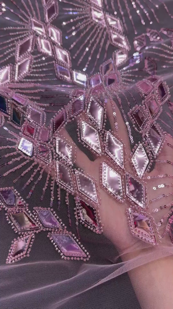 Rose Pink Art Deco Mirror Sequin Lace, Mirror Sequin Lace, Sequin Lace Fabric, Embellished Lace Fabric, Sparkle Lace Fabric, Glitter Lace Fabric, Luxury Lace Fabric