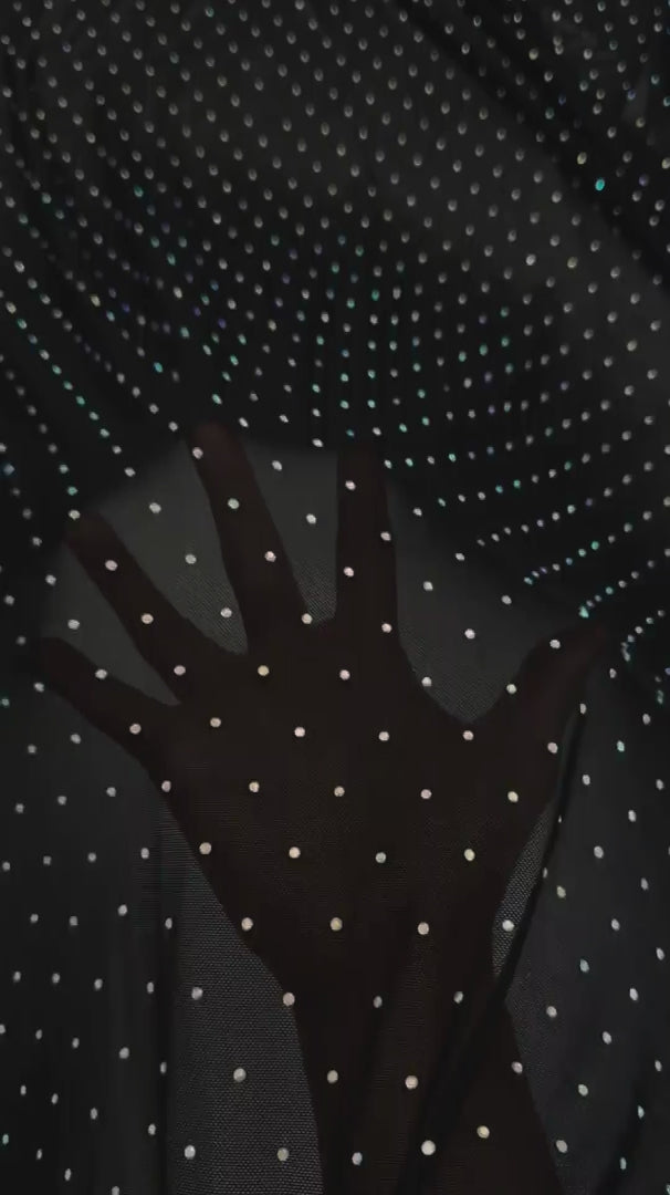 Black Iridescent Rhinestone Mesh, Crystal Mesh Fabric, Rhinestone Mesh Fabric, Iridescent Crystal Fabric, Sparkle Mesh Fabric, Stretch Rhinestone Mesh