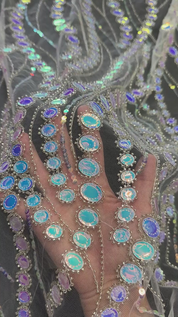 Silver Iridescent Midnight Mirror Sequin Wave Lace, Wave Sequin Lace, Sequin Wave Lace, Mirror Lace Fabric, Embellished Lace Fabric, Sparkle Lace Fabric, Glitter Lace Fabric, Luxury Lace Fabric