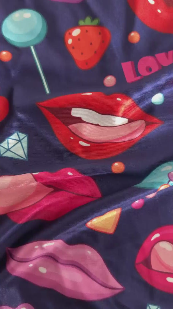 Lips & Candy Nylon Spandex, Nylon Spandex Print, Printed Spandex Fabric, Stretch Print Fabric, Printed Stretch Fabric, Spandex Print Fabric, Printed Fabric Stretch