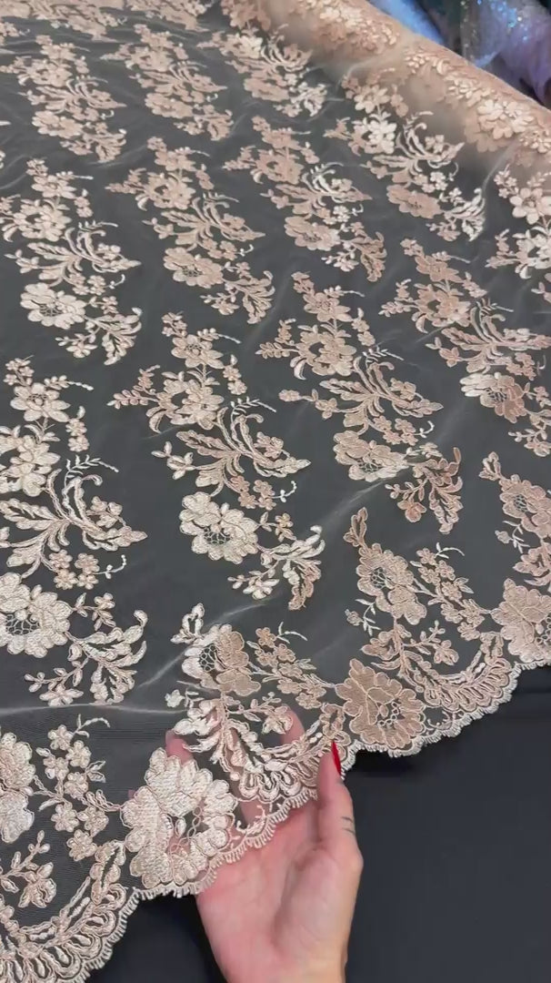 Blush Champagne Romantic Bloom Embroidered Mesh Lace, Romantic Lace Fabric, Sheer Embroidered Lace, Bloom Lace Fabric, Bridal Lace Fabric, Wedding Dress Lace