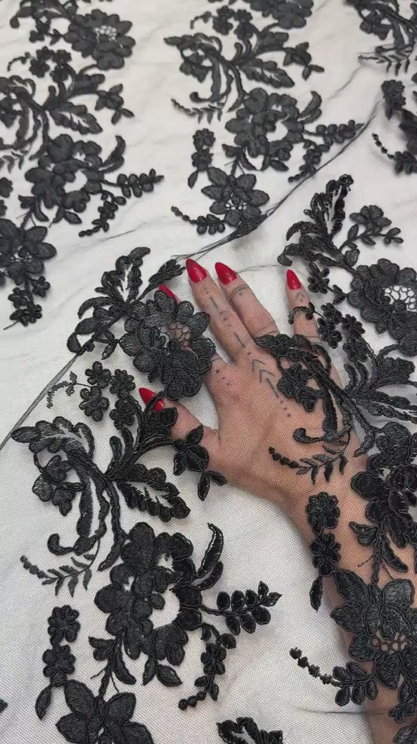 Black Romantic Bloom Embroidered Mesh Lace, Romantic Lace Fabric, Sheer Embroidered Lace, Bloom Lace Fabric, Bridal Lace Fabric, Wedding Dress Lace