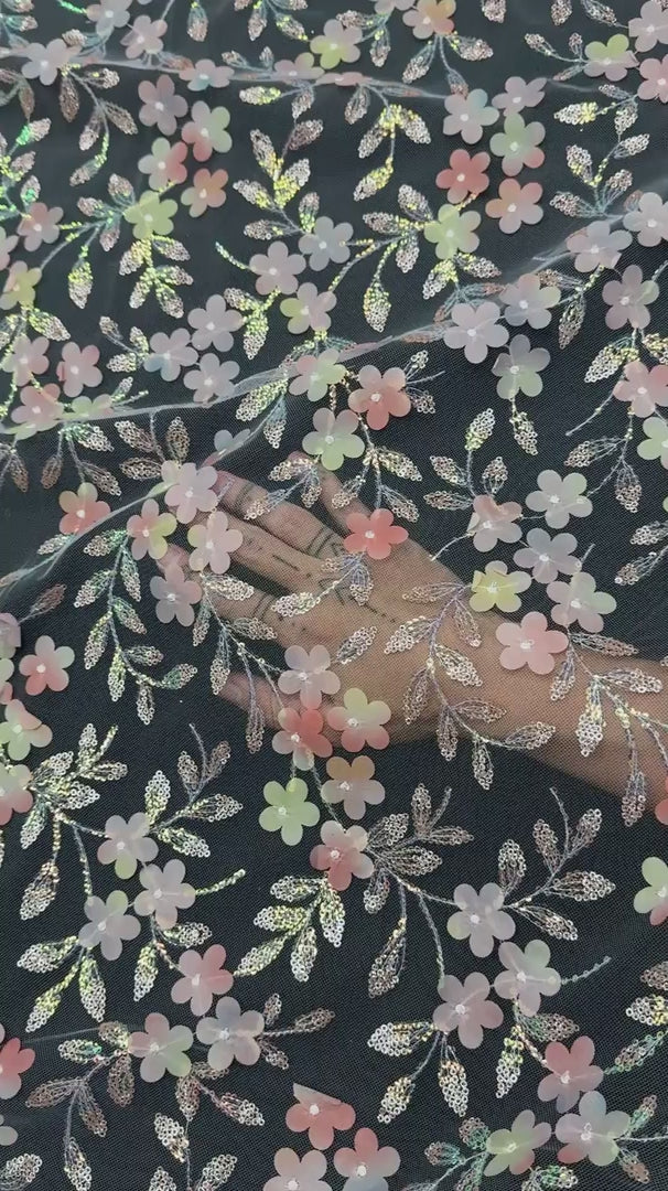 Peach Multicolor 3D Floral Embroidered Tulle, Multicolor Tulle Fabric, Embroidered Tulle Fabric, Floral Embroidered Tulle, 3D Embroidered Tulle, Multicolor Floral Tulle, Embellished Tulle Fabric