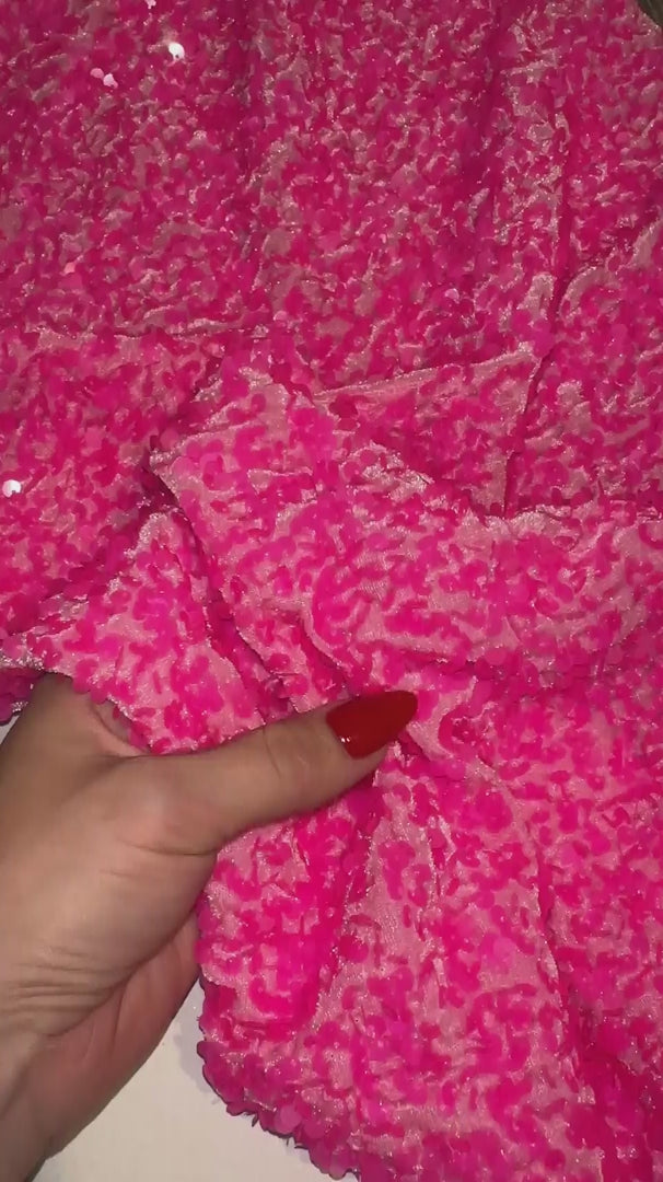 Neon Pink Sequin on Velvet, Sequin on velvet, Stretch Sequin Mesh, Stretch Sequin velvet for woman, Stretch Sequin velvet for bride, Stretch Sequin velvet on discount, Stretch Sequin velvet online