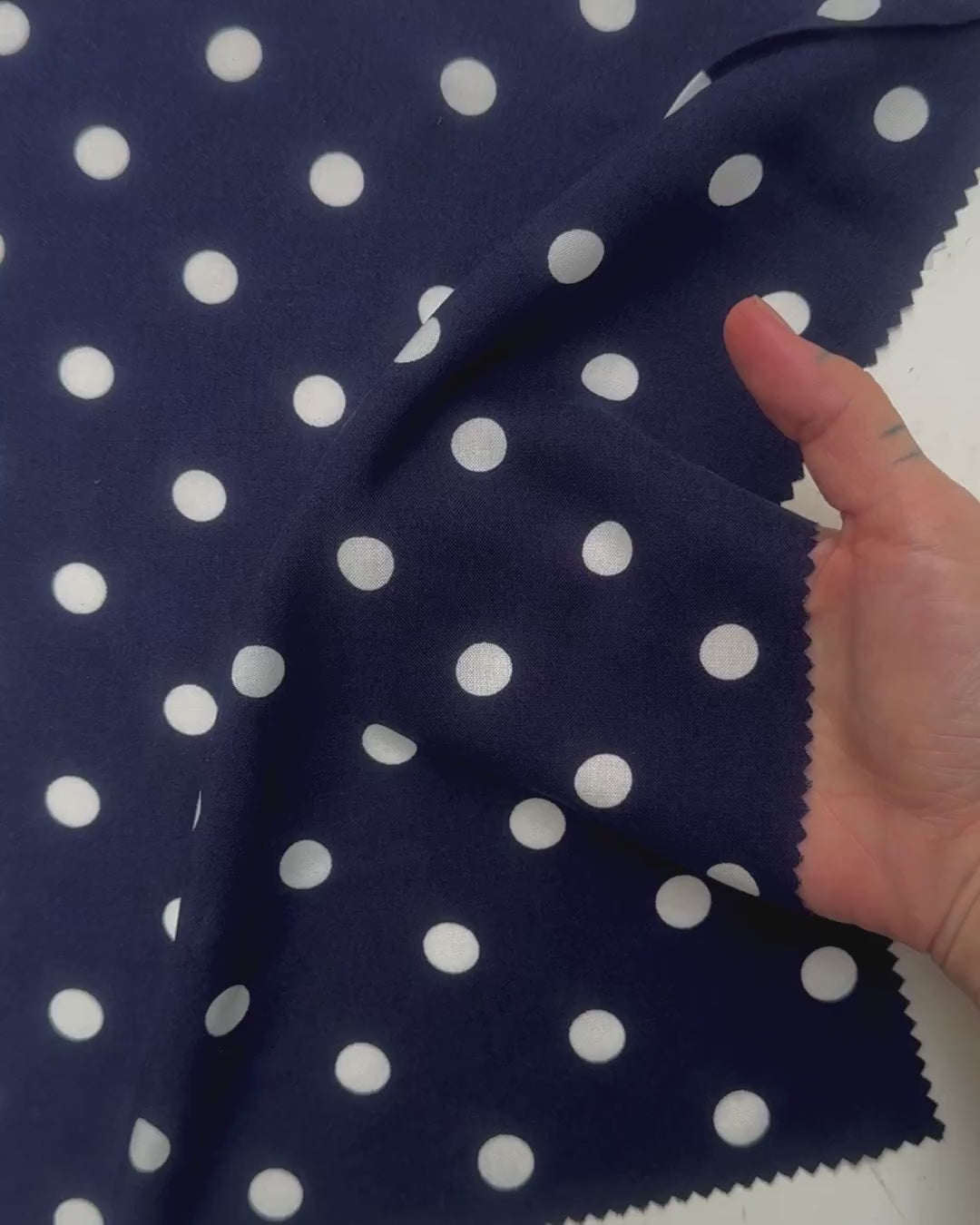 Navy Polka dots on White Rayon Challis, online textile store, sewing, fabric store, sewing store, cheap fabric store, kiki textiles