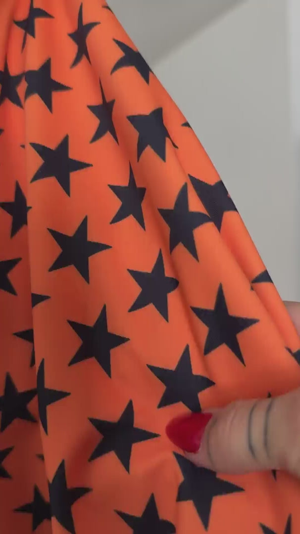 Black on Orange Mini Stars Print Nylon Spandex, Halloween Spandex, Halloween Fabric, Spandex Fabric, Nylon Spandex, Stretch Fabric, 4 Way Stretch, Spooky Fabric