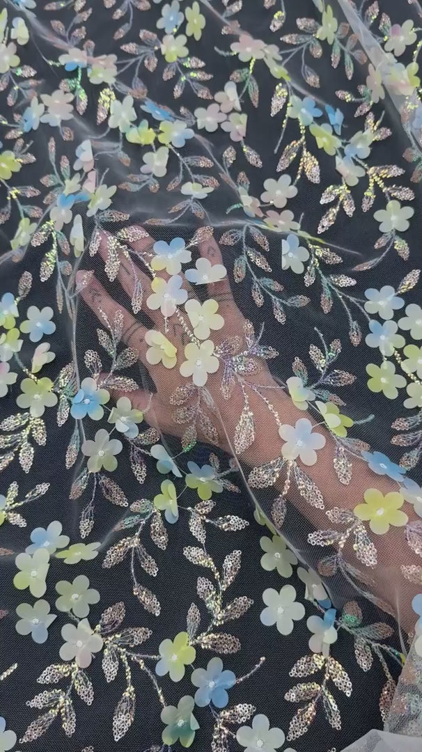 Blue Yellow Multicolor 3D Floral Embroidered Tulle, Multicolor Tulle Fabric, Embroidered Tulle Fabric, Floral Embroidered Tulle, 3D Embroidered Tulle, Multicolor Floral Tulle, Embellished Tulle Fabric