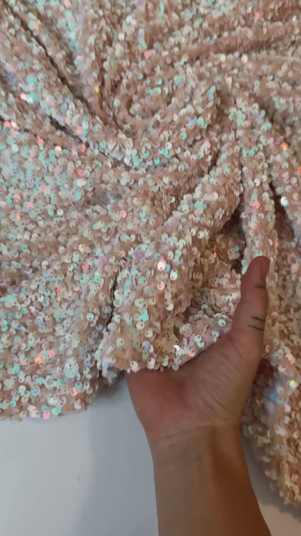Champagne Iridescent Sequin on Velvet (Exclusive Color), Sequin on velvet, Sequin velvet for woman, Sequin velvet for bride, Sequin velvet on discount, Velvet fabric for dress